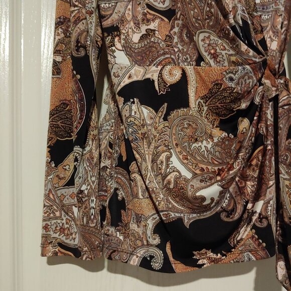 Cache Long Sleeve Paisley Faux Wrap Browns/Black Neutral Blouse Large - Picture 5 of 8